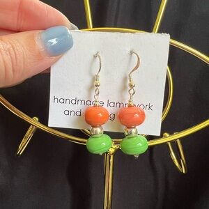 Lampwork Sterling Silver Orange and Green Drop Earrings